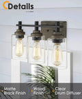 Farmhouse 3 Light Vanity Lighting Fixture In Bronze And Matte Black With Clear Cylinder Glass Over Mirror 21 Inch Bathroom Light Bar For Rustic Industrial Vibe, mounted on wall