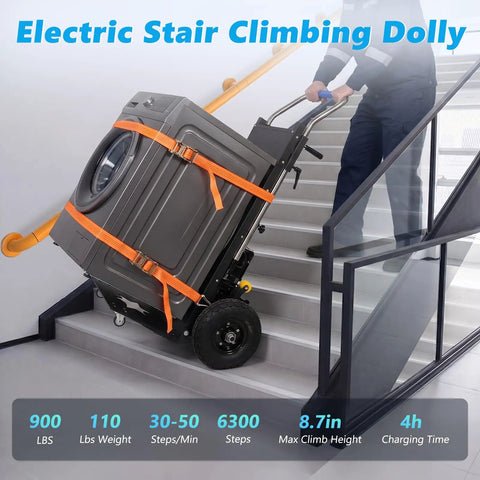 Sturdy Electric Stair Climbing Dolly With A Beefy 1500 Watt Motor Making No Sweat Moves On Steps For Quick Transport Of Appliances And Heavy Couches In Black carrying a washer on stairs.