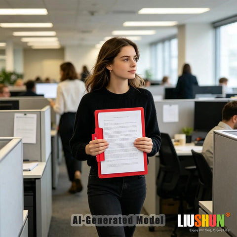 Office worker holding Horizontal Aluminum Clipboard With Secure Spring Clip Letter Size Flat Hangable Contractor Clipboard.