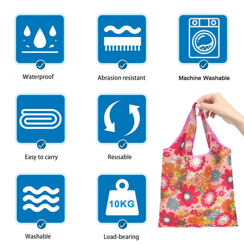 Hand holding floral Six Pack Reusable Foldable Grocery Bag With In Pocket Pouches, highlighting waterproof, washable, and reusable features