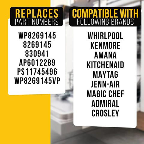 Image showing part numbers and brand compatibility for Two Pack Dishwasher Mounting Bracket For Whirlpool Maytag And Kenmore Easy Install Direct Replacement This Durable Bracket Keeps Your Dishwasher Secure And Reduces Movement Compatible With AP6012289 PS11745496 8269145 WP8269145.