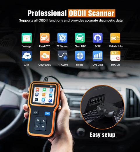 Person using OBD2 Scanner With Upgrade Battery Tester, Diagnostic Tool For Cars And Trucks To Read And Clear Engine Codes