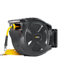 Commercial Grade Retractable Air Hose Reel featuring zero hassle auto rewind, 100 ft yellow polymer hose for garage use.