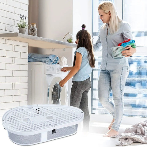 Direct Replacement Lint Filter Screen And Case Cover W10828351 shown with mother and daughter using stackable washer and dryer.