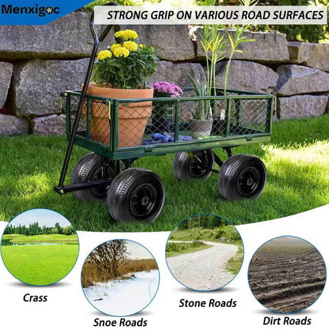 Ensemble de roues et de pneus Inch ultra-résistants Inch 25 Inch pour diables, remorques de jardin, chariots et chariots à roulettes, sur une remorque de jardin chargée de fleurs