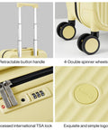 Close-up of yellow underseat carry-on luggage showing retractable handle, spinner wheels, TSA lock, and brand logo.
