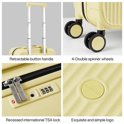 Close-up of yellow underseat carry-on luggage showing retractable handle, spinner wheels, TSA lock, and brand logo.