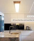 4ft LED light fixture with wooden frame, 4000K lighting, installed on kitchen ceiling, above marble countertop and modern appliances