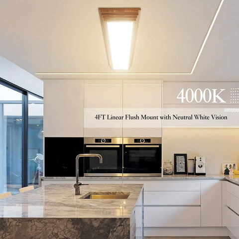 4ft LED light fixture with wooden frame, 4000K lighting, installed on kitchen ceiling, above marble countertop and modern appliances