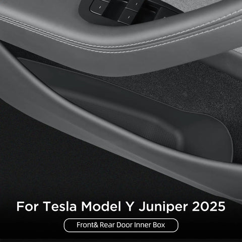4 Piece Door Side Storage Organizer Set For Tesla Model Y Juniper 2025 2026 Front rear door pocket inserts shown installed