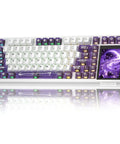 High End Wireless Mechanical Gaming Keyboard With Built In Smart Touchscreen Hub And Compact 96 Percent Design in purple and white.