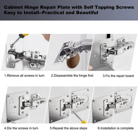 Six Piece Cabinet Hinge Repair Plate Kit With Stainless Steel Brackets And Mounting Screws For Kitchen Cupboard Doors Includes Large And Small Repair Plates For Quick DIY Fix installation steps