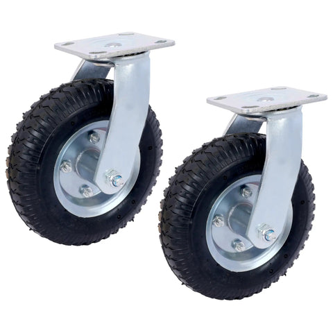 Two 8 Inch Pneumatic Caster Wheels Set Of 4 Swivel And Rigid Heavy Duty with metal plates and grippy rubber tires.