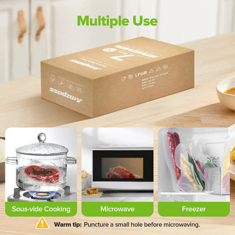 Heavy Duty Vacuum Sealer Bags For Food Storage 7 Pack In 8x20 11x20 And 6x20 Rolls BPA Free Embossed showing sous-vide, microwave, freezer use