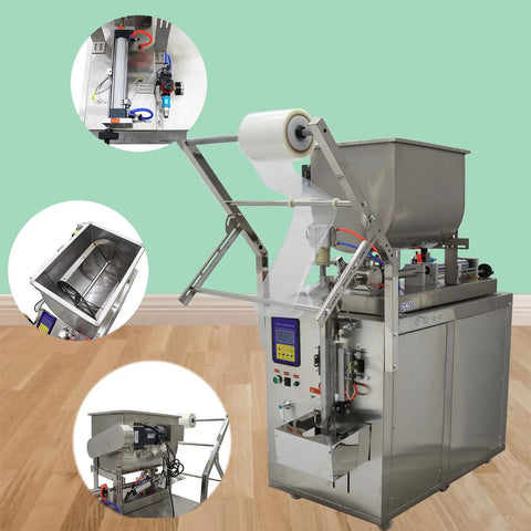 Straight Up Automatic Paste And Liquid Filling Sealer With Horizontal Mixing Hopper 10 To 100 Milliliter Precision Filler For Sauces And Juices, stainless steel build with hopper and control panel.