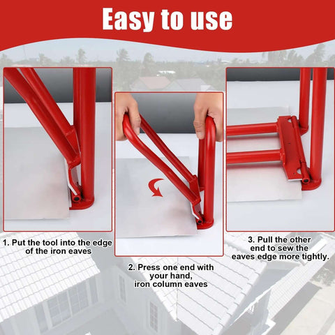 Using Rugged Heavy-Duty Eaves Seam Locker Tool for standing seam metal roofs with easy grip on red tool in step-by-step guide.