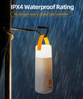 LED Camping Lantern With Up To 350 Hours Of Rechargeable Battery Life Four Modes Including 360 Degree Night Light Flashlight Red Light And Red Warning Water Resistant Portable Tent Light For Emergency Hiking And Hurricanes Yellow glowing in rain with IPX4 waterproof text above.