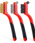 Wire Brush Set 3Pcs - Nylon/Brass/Stainless Steel Bristles with Curved Handle Grip for Rust, Dirt & Paint Scrubbing – 7 Inches (Red) shown in a row