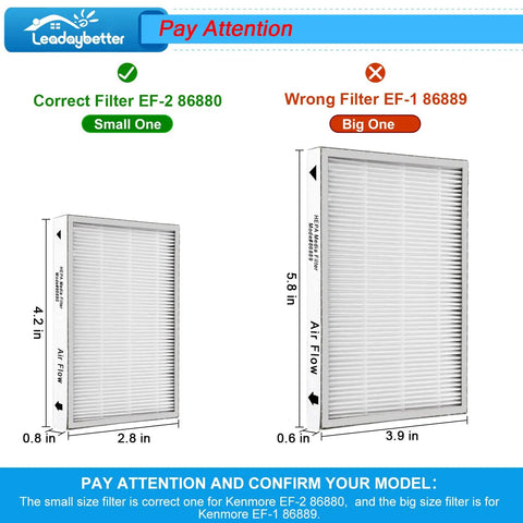 Image showing size comparison of two filters for Kenmore EF-2 86880, highlighting correct and incorrect filter dimensions.