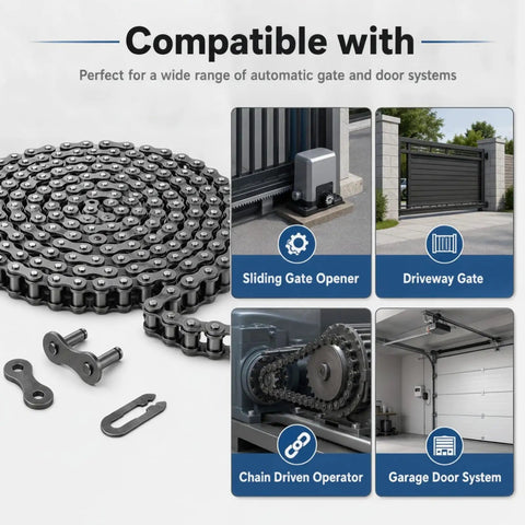 20 Ft #41 Roller Chain With 2 Links Heavy Duty Corrosion Resistant Interchangeable Replacement For Driven Slide Gate Operator And Conveyor System Reliable Performance For Outdoor Use. Chain shown compatible with gate operators.