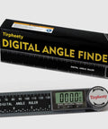 Pro Level Digital Angle Finder Protractor Yielding Dead On 360 Degree Measurements With Bright Lcd Screen and Zero Guesswork Accuracy For Weekend Warriors And Full Time Tradesmen showing black digital angle ruler and box.