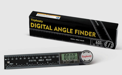 Pro Level Digital Angle Finder Protractor Yielding Dead On 360 Degree Measurements With Bright Lcd Screen and Zero Guesswork Accuracy For Weekend Warriors And Full Time Tradesmen showing black digital angle ruler and box.