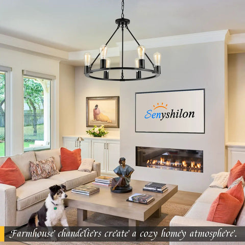 Black Wagon Wheel Chandelier, 6-Light Rustic Modern Farmhouse Pendant For Dining Room Over Table in a cozy living room setting.