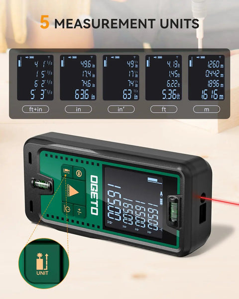 Ultra Precise Laser Distance Meter With 165 Feet Range, Dual Bubble Levels, Backlit LCD, Pythagorean Mode display