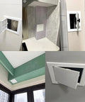 Straight Up Solid Drywall Access Panel 6X6 Inch Abs Plastic Wall Hole Cover With Flip Access Door No Sweat Adhesive Install shown in various angles.