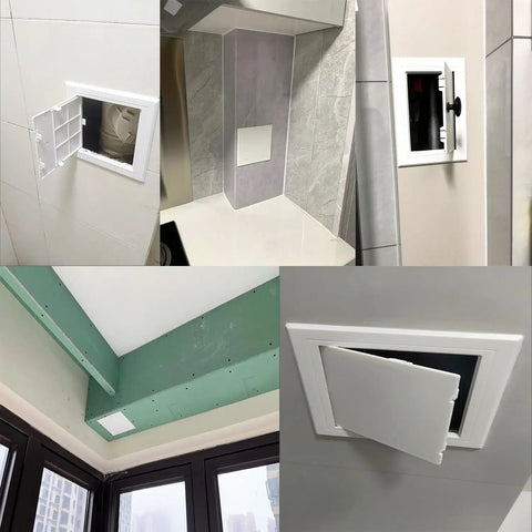 Straight Up Solid Drywall Access Panel 6X6 Inch Abs Plastic Wall Hole Cover With Flip Access Door No Sweat Adhesive Install shown in various angles.
