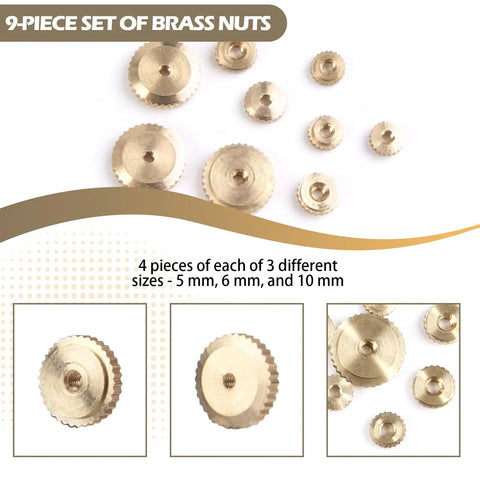 Brass Clock Hand Nut Set 9-Piece For Grandfather Clocks And Movements With Knurled Serrated Edge Fits 5mm 6mm And 10mm Dial Hands