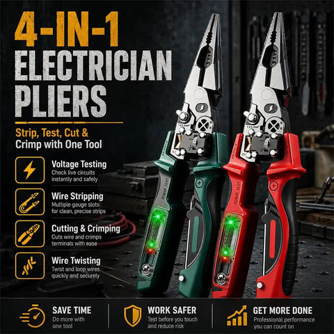 All In One 4-In-1 Wire Stripping And Testing Pliers With Built-In LCD Voltage Tester, foldable steel multitool shown open