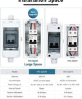 Comparison of HT3-DZ47X and HT2-DZ47X solar panel disconnect switches, showing installation space and material ABS-PC.