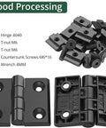 2 Pack 4040 Zinc Alloy Hinges For Aluminum Extrusion Profiles 180 Degree Adjustable Folding Door Hinge M6 Groove Nuts And Screws Included Ideal DIY 3D Printer Frame Kit In Black, with hinge, nuts, screws, and wrench shown.