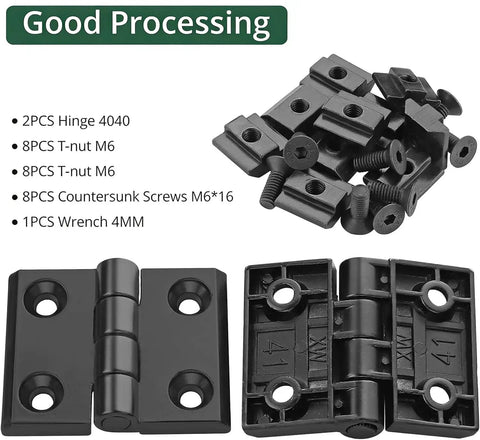 2 Pack 4040 Zinc Alloy Hinges For Aluminum Extrusion Profiles 180 Degree Adjustable Folding Door Hinge M6 Groove Nuts And Screws Included Ideal DIY 3D Printer Frame Kit In Black, with hinge, nuts, screws, and wrench shown.