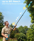 Man using 2 In 1 Electric Pole Pruner With 4 Mode Adjustable Cut And 2 Point 2 Inch Diameter for high branch trimming, in garden
