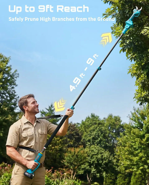 Man using 2 In 1 Electric Pole Pruner With 4 Mode Adjustable Cut And 2 Point 2 Inch Diameter for high branch trimming, in garden