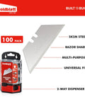 Premium Tempered SK2M Utility Blades 100 Pack With Dual Dispenser for Easy One Pull or Five Blade Access Ultra Durable Double Honed Edges for Long Lasting Sharp Cuts in Pro Jobs. Image of blade and packaging details.