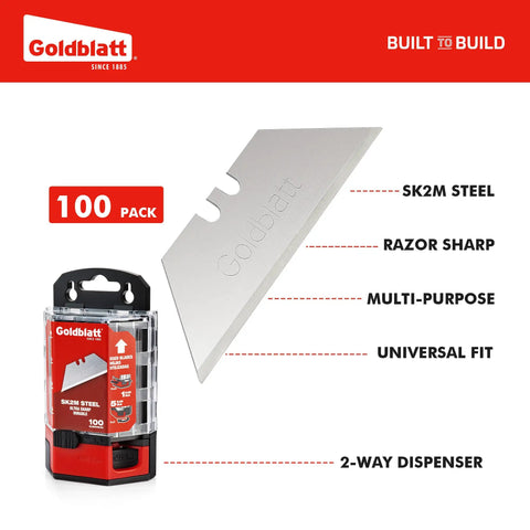 Premium Tempered SK2M Utility Blades 100 Pack With Dual Dispenser for Easy One Pull or Five Blade Access Ultra Durable Double Honed Edges for Long Lasting Sharp Cuts in Pro Jobs. Image of blade and packaging details.