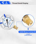 Glycerin Filled 2.5 Inch Pressure Gauge 0 to 300 Psi and 0 to 2000 kPa 304 Stainless Steel Case Lower Mount One Quarter Inch NPT brass thread