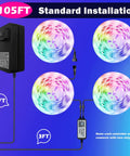 105ft Outdoor RGB LED Strip Lights With IP65 Waterproof Controller, showing four reels and power adapter for installation