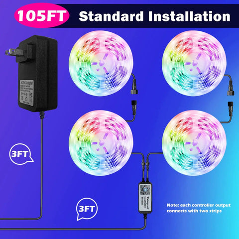 105ft Outdoor RGB LED Strip Lights With IP65 Waterproof Controller, showing four reels and power adapter for installation
