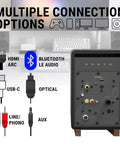 Rear view of GX30ARC Powered Speakers with USB C, Optical, Line Phono, HDMI ARC, and Bluetooth 5.3 LE Audio connection ports.