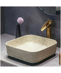 USZWBY Vintage Ceramic Bathroom Vessel Sink - Antique Carved Lines Washbasin Art Countertop Basin with Accessories - Stylish Vanity Sink for Elegant Bathrooms, square beige texture.