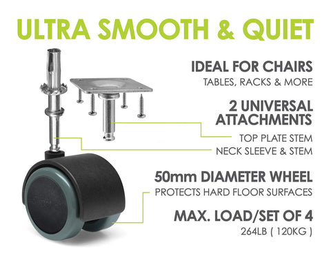 2 Inch Floor Protector Rubber Caster Wheels Set Of 4 With 5 Sixteenth Inch Stem Or Top Plate Mounting for hard floors