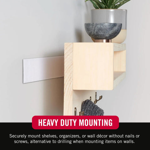 Heavy Duty Mounting Tape 12 Foot Roll Holds Up To 10 Lbs Indoor Outdoor Use demonstrates shelf support on wall