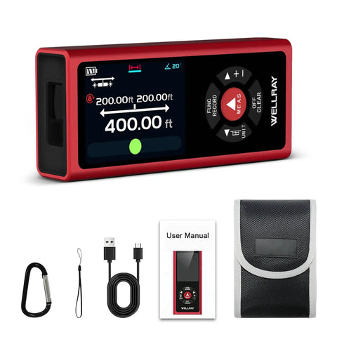 Dual Laser Measuring Tool With 393 Feet Range And 120 Meters, Rechargeable Distance Meter With One Eighth Inch Accuracy, Measures In Feet, Inches, And Meters, Includes Level, Angle Sensor, And Magnetic Back, red dual laser distance meter with case and cable