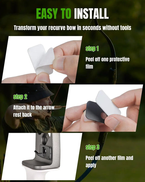 Installation steps for 8 Pack Recurve Bow Arrow Rest for Right Hand Archers, showing adhesive application process.