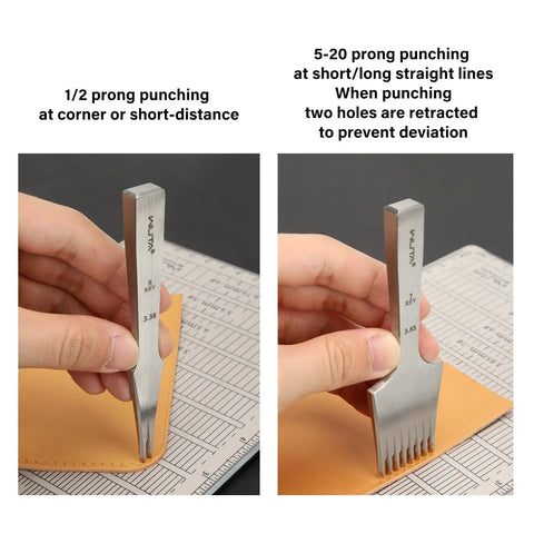 Demonstrating pro-grade leather chisel and pricking iron set with varied prong spacing for French-style stitching on leather.
