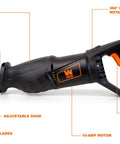 Powerful 10 Amp Variable Speed Reciprocating Saw With 8 Position Pivoting Head And Twist Lock Blade Holder, side view